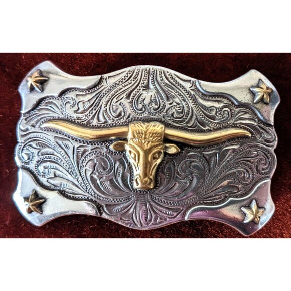 Texas Lornhorn Bull Western Cowboy Belt Buckle Solid Metal Silver Color Pin 3" - Picture 3 of 4